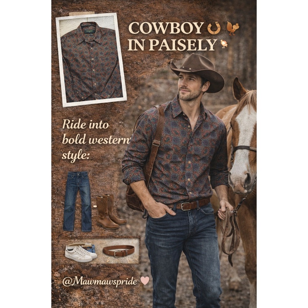 VINTAGE PAISLEY CHARM Embassy Row Western Shirt Burgundy Teal Cotton Twill L